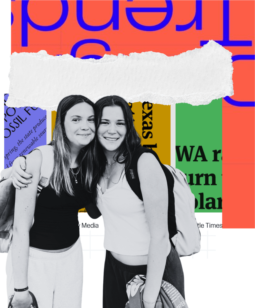 two smiling Prisma high school teens with backpacks against a colorful trending news headline collage