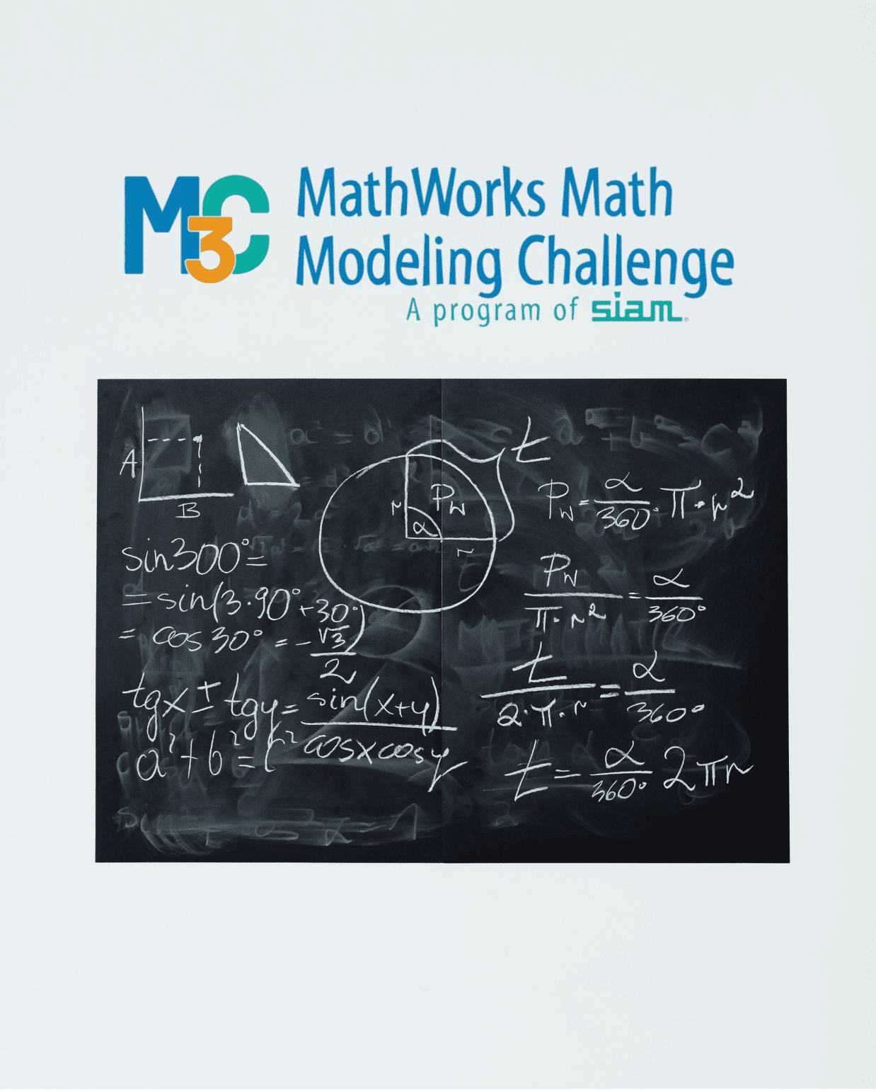 MathWorks Math Modeling Challenge logo above a chalkboard covered in math equations