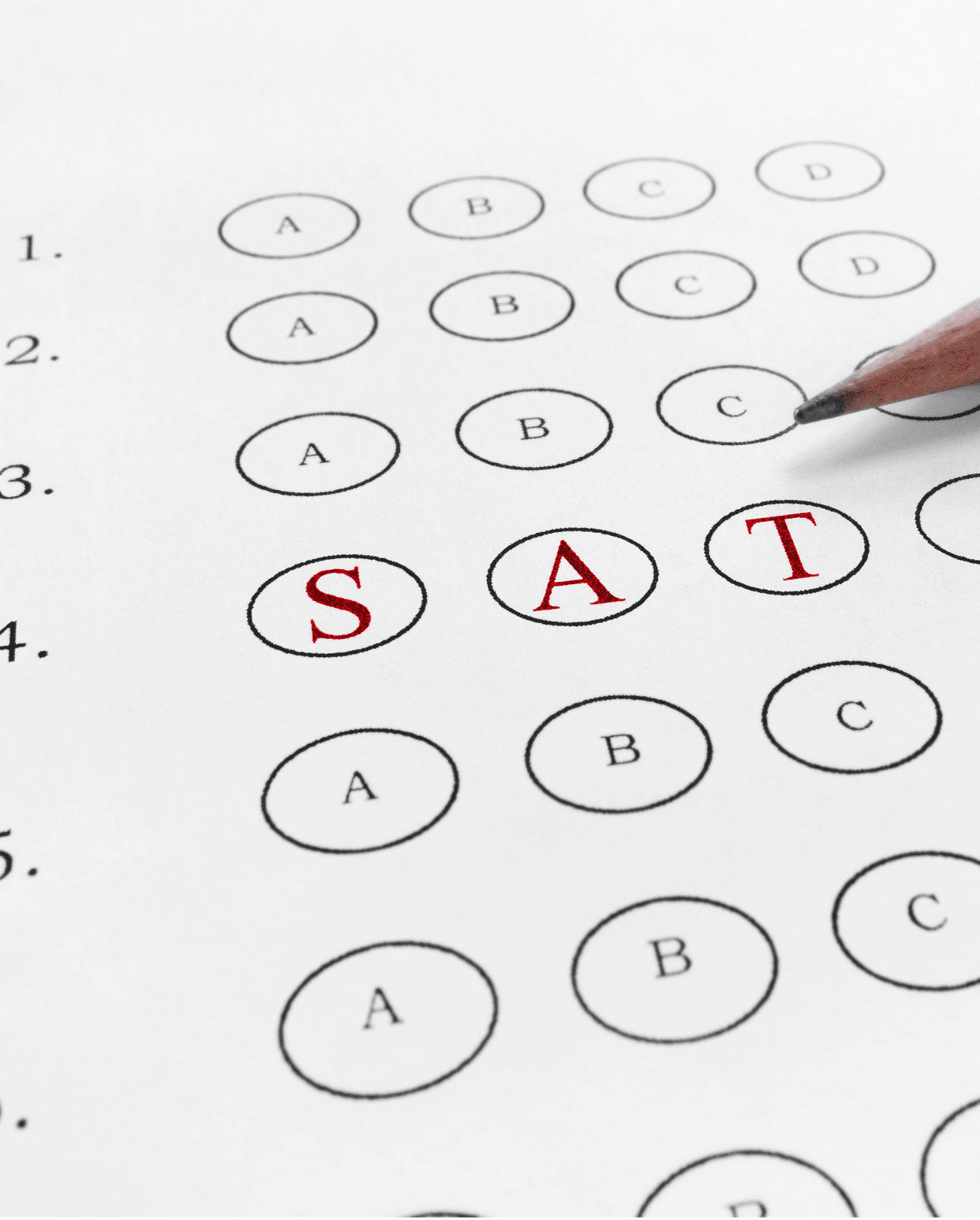 SAT multiple choice answer sheet with pencil and bubbled-in letters spelling SAT