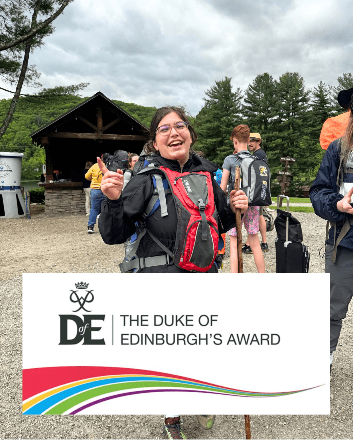Prisma student with backpack and hiking stick at Duke of Edinburgh's Award outdoor expedition