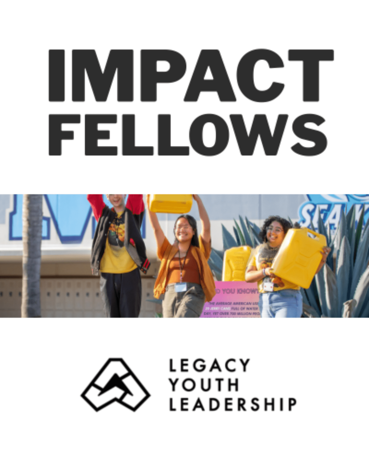Impact Fellows program by Legacy Youth Leadership with teens carrying yellow water jugs