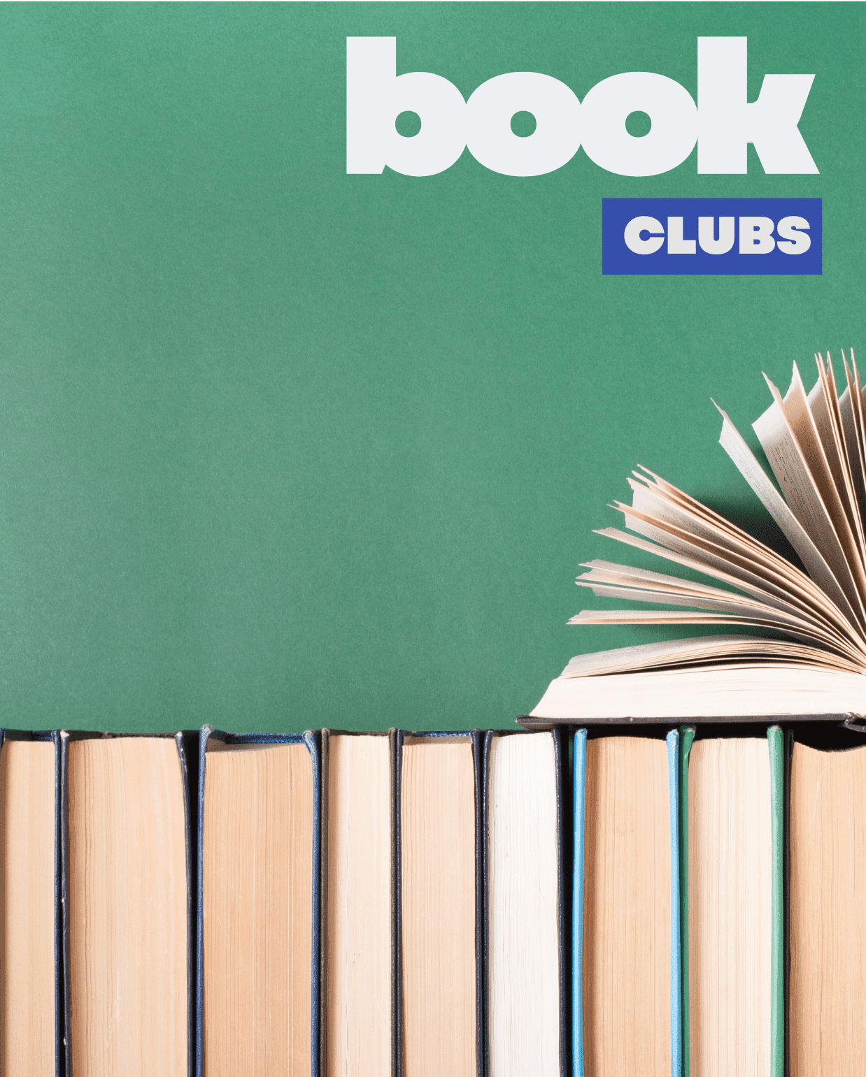 Prisma book clubs graphic with row of stacked books and one open book against green background
