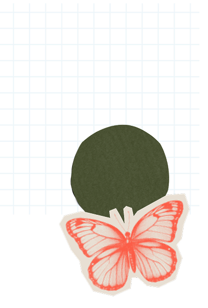 decorative collage with a dark green circle and a coral butterfly on grid paper