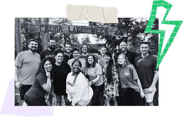 Prisma team group photo outdoors with green lightning bolt graphic overlay