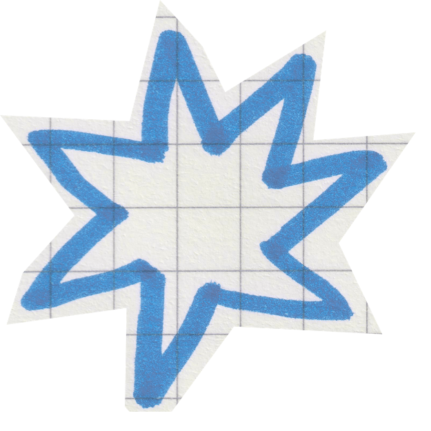 blue hand-drawn starburst accent on grid paper background