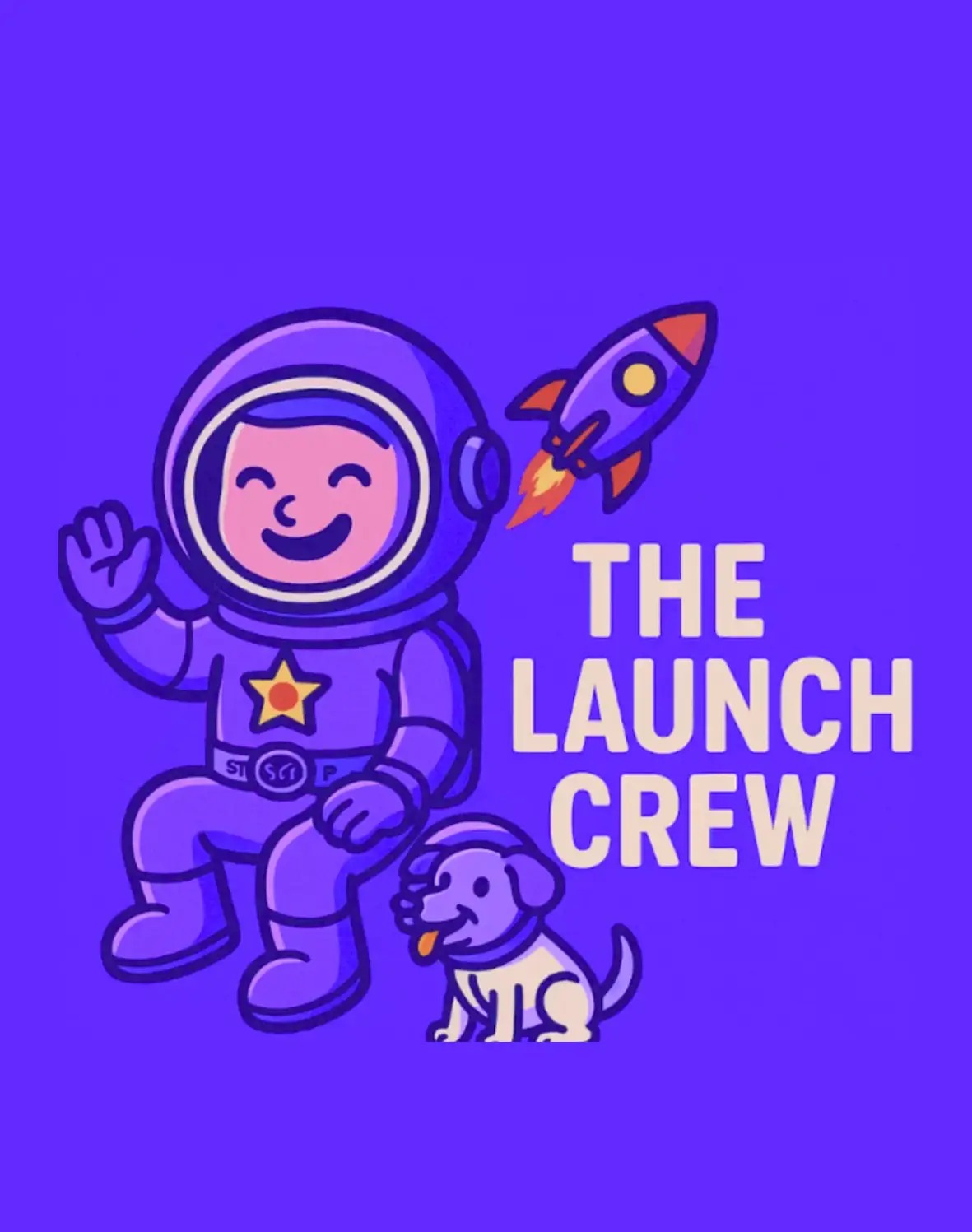 Prisma Launch Crew mascot illustration with cartoon astronaut, dog, and rocket on purple background