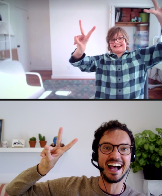 Prisma student and live teacher making excited hand gestures during a video call